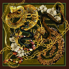 Silk scarf with golden chains and Snakes. Jewelry shawl design. watercolor hand drawn luxury background.