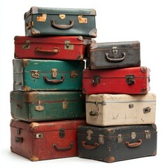 Stack of vintage suitcases in various colors. Perfect for travel, retro decor or a nostalgic...