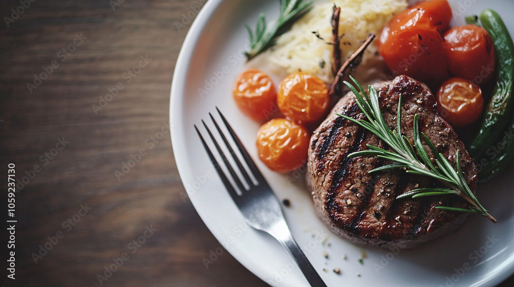 Wall mural delicious grilled steak with rosemary and roasted vegetables on white plate