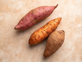Aerial Photography of Sweet Potato Trio on Beige Background for Culinary Inspiration