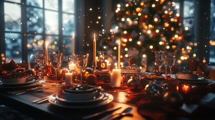 Fototapeta premium Festive Christmas Dinner Table Setting with Candles, Decorations, and a Blurred Christmas Tree in the Background.