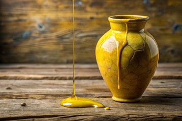 Yellow liquid dripping from a cracked ceramic vase on a worn wooden table background, kitchenware, wooden table