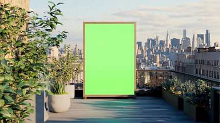 A green screen billboard on a rooftop terrace overlooking a cityscape. Ideal for showcasing ads or creative content in an urban setting.