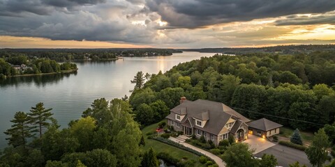 Aerial View of a Cozy Lake House Surrounded by Nature's Beauty for Urban Exploration Photography