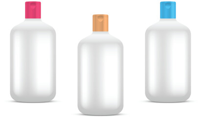 Set of blank cosmetic bottles with color caps. Realistic mockup. Luxury hygiene, body spa lotion or skin milk container. Vector illustration.