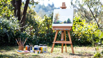 Outdoor painting scene with canvas on easel, surrounded by paint and brushes, capturing nature's beauty in a garden setting.