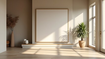 Fototapeta premium Minimalist Sunlit Interior with Decorative Vases and Soft Shadows,Elegant Minimalist Interior Design with Natural Light, Decorative Vases, and Dried Botanical Accents.