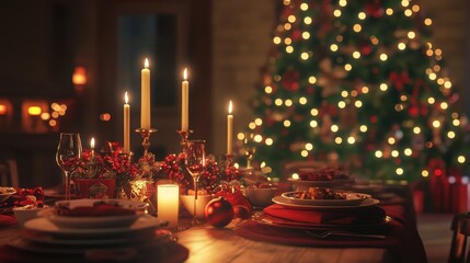 Festive Christmas Table Setting with Candles and Christmas Tree in Background.