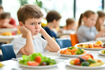 A young boy looks unhappily at a plate of healthy food, concept of children's eating habits and pickiness at mealtime