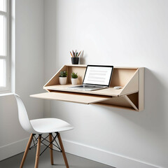 Minimalist Fold-Out Desk – A wall-mounted desk that folds out when needed, revealing a simple workspace, on a white background.