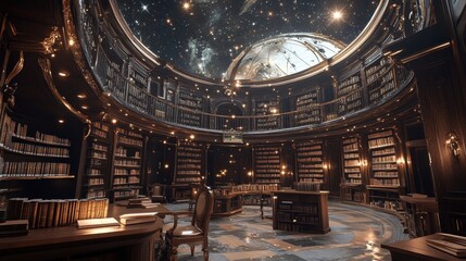 Obraz premium A Mystical Library with a Starry Sky Ceiling and Globe