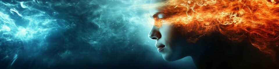 Conceptual art piece of a woman's head,entwined with colorful smoke trails, reality and fantasy.