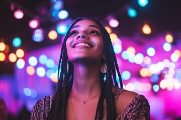 Fototapeta premium A young Latina woman with braids, wearing a festival outfit, enjoying music, bright festival lights 2