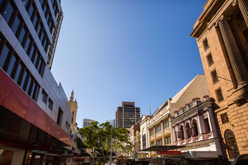 buildings lining Queen Street mall on a sunny day in Brisbane