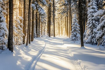 Fototapeta premium Sunlit snowy forest with tall pine trees casting long shadows over a pristine path covered in fresh snow