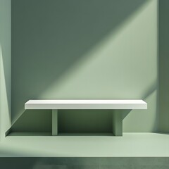 
A 3D podium white rectangular table is balanced on the edge of an angled green platform, in a minimalist style, with a solid color background, studio lighting, soft light, delicate texture, high satu