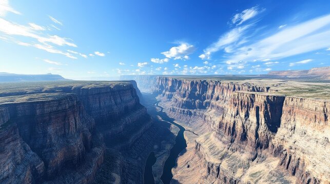 Majestic Aerial View of a Grand Canyon with a Winding River, Dramatic Cliffs, and Blue Sky with Clouds.