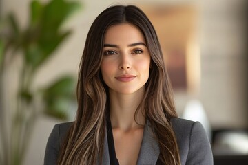 Fototapeta premium A young Italian woman with long, straight hair, wearing a business suit, confidently presenting in a modern office 2