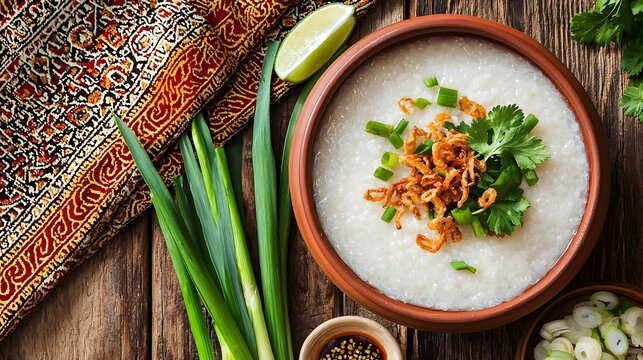 Babor (Cambodian Rice Porridge) Topped with Fresh Herbs and Crispy Shallots (Cambodian Cuisine)