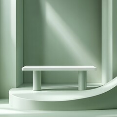 
A 3D podium white rectangular table is balanced on the edge of an angled green platform, in a minimalist style, with a solid color background, studio lighting, soft light, delicate texture, high satu
