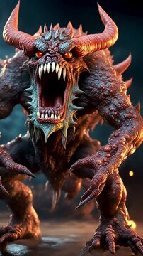Dark creature monster with a huge toothy mouth in the shadows in a haunting forest setting at dusk.