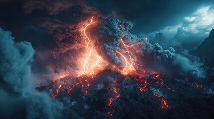 Fototapeta premium Erupting Volcano with Lightning Strikes and Smoke Clouds - Dramatic Nature Photography.