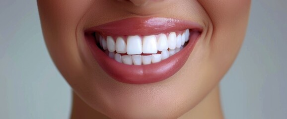 Obraz premium Close Up of White Teeth Smiling With Glossy Lips