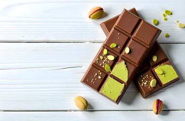 Rich Dubai chocolate bars with vibrant green pistachio paste and fresh pistachio on the white background with free space for text 

