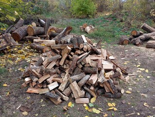 A pile of chopped firewood in the yard. Collected firewood for heating the house in winter.