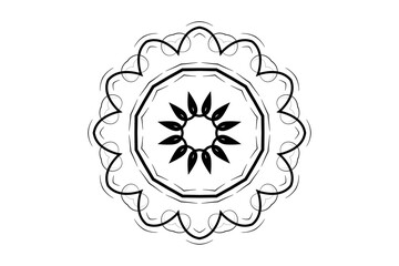 Intricate black and white mandala with spiritual symbols and flames on light background
