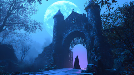 A spectral knight guards the entrance of a haunted castle at dusk. generative ai. Spectral Knight. Illustration