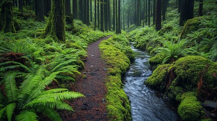 Obraz premium Hiking Trail in a Mossy Forest with Stream and Ferns
