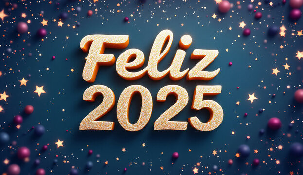A palavra "FELIZ 2025" brilha em letras douradas com textura, cercada por estrelas e bolinhas coloridas, criando uma atmosfera festiva e alegre para a celebra&ccedil;&atilde;o do Ano Novo.

