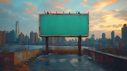 Empty rooftop billboard with blank teal sign against an urban skyline at sunset, perfect for advertising and marketing concepts.