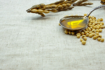 Soybean Oil in the Spoon. Scattered Soybeans and Dry Plant Pods. Linen Surface. Copy Space. Shallow Depth of Field.