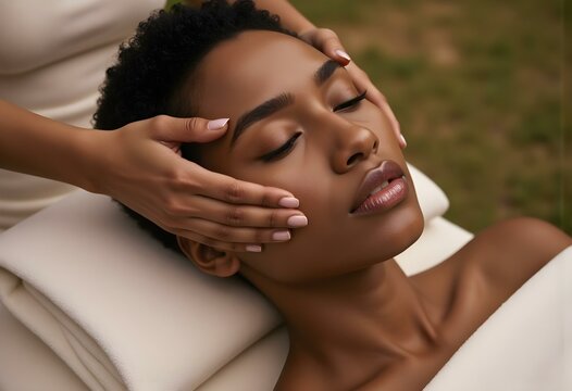 Beautiful African Woman Relaxing With Face Massage. Beautiful Black Women Getting Face Massage In Luxury Spa. African American Girl Relaxing In Resort Spa While Getting Head Massage. 