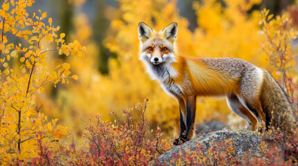 A red fox stands in the fall landscape of the Yukon Territory, Canada.