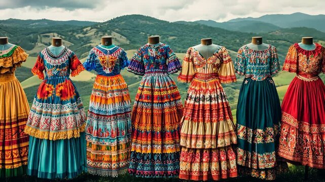 Seven colorful dresses with intricate patterns are displayed on mannequins in front of a mountain range