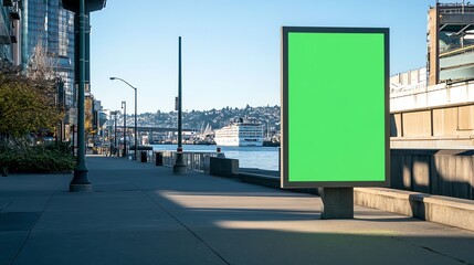 Fototapeta premium Empty urban street with green screen billboard in cityscape background, ideal for advertisement or branding mockup.