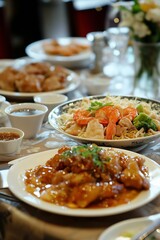 A delectable shrimp noodle dish is served alongside steaming cups of hot beverage, inviting savor and enjoyment.