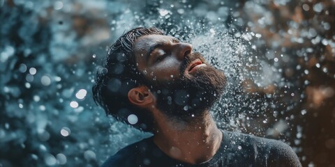 Fototapeta premium A man with a beard is captured in a dramatic closeup image moment as water splashes over him, conveying intense emotions.