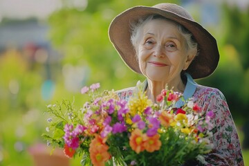 A joyful elderly woman in a garden, holding a bouquet of flowers, vibrant colors, sunny day 3