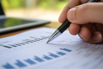 A hand with a pen points to graphs on paper, showcasing business data analysis, next to an open laptop screen.