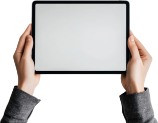 Hands holding blank tablet with white screen, isolated view. Technology and digital concept