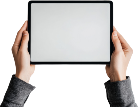 Hands holding blank tablet with white screen, isolated view. Technology and digital concept