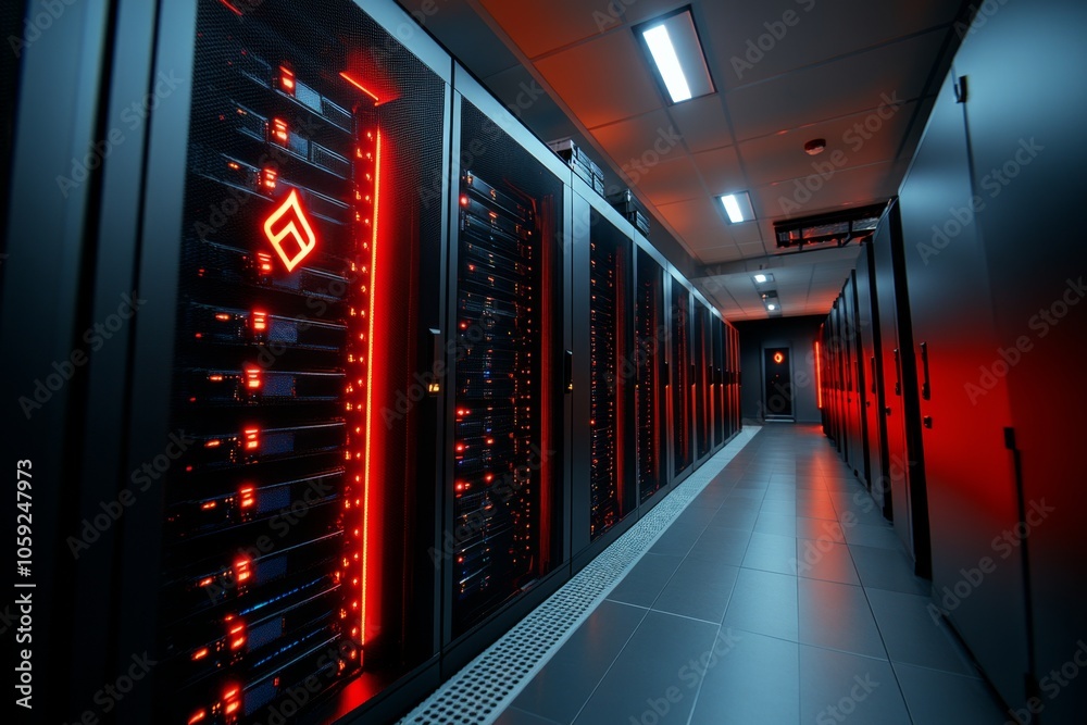 Fototapete Brightly lit server room with endless rows of organized data racks, capturing the expansive storage and high-tech atmosphere of data warehousing, symbolizing scale and security