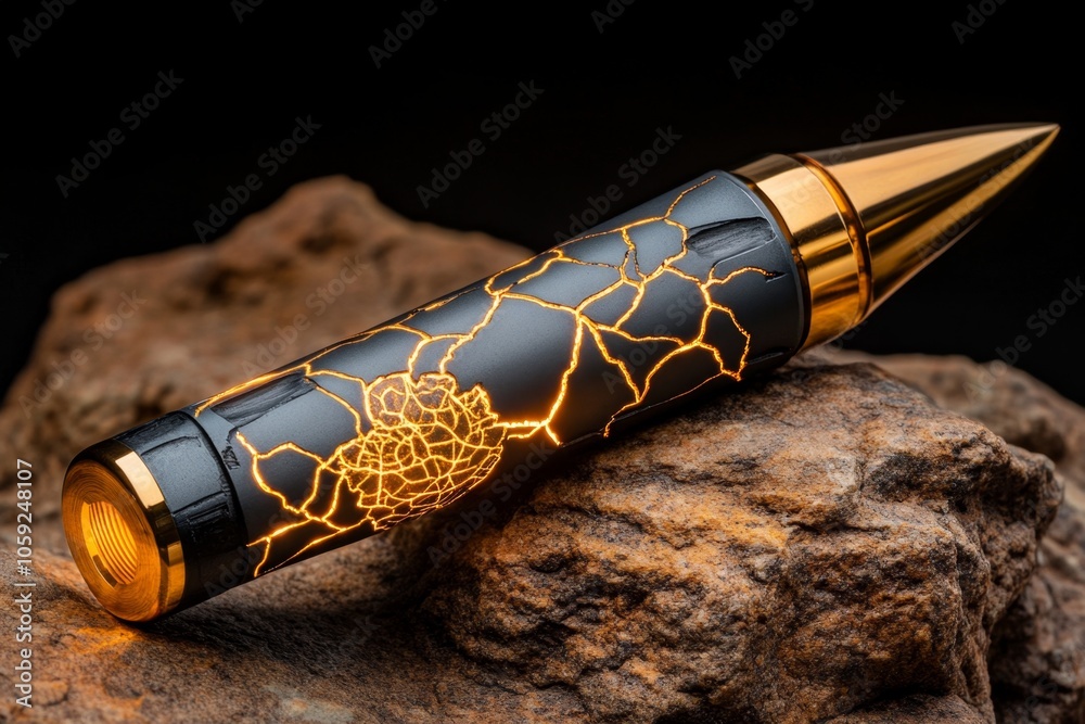 Poster Bullet with reflective lighting showing small, intricate scratches from use, set against a soft background capturing its rugged history, symbolizing resilience and craftsmanship
