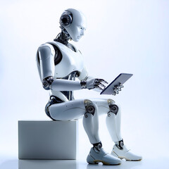AI robot using tablet while sitting floating or flying pattern on side position provides copy space for text. background concept isolated white