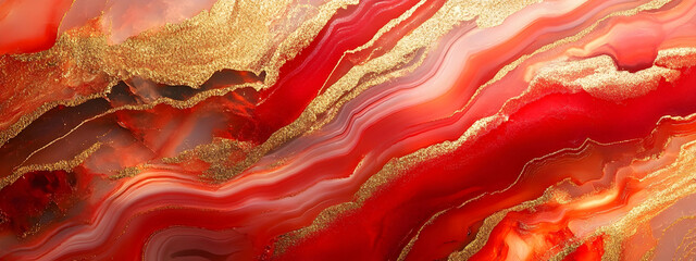 Obraz premium Closeup of polished abstract red and gold agate crystal natural quartz healing stone texture background