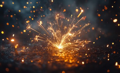 Obraz premium Abstract burst of orange and golden sparks against a dark background at night